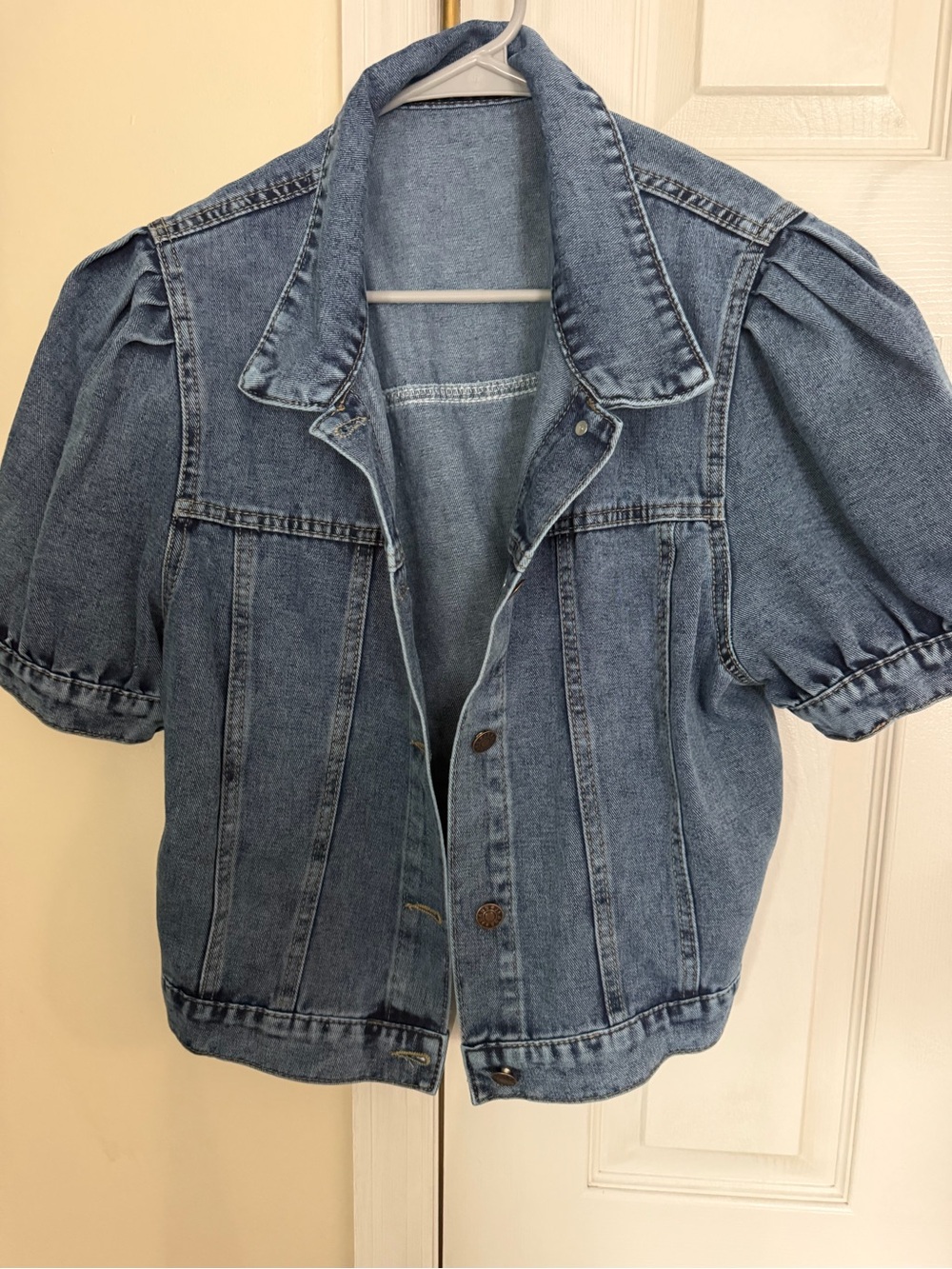 SHEIN Navy Blue Denim Jacket with Puff Sleeves